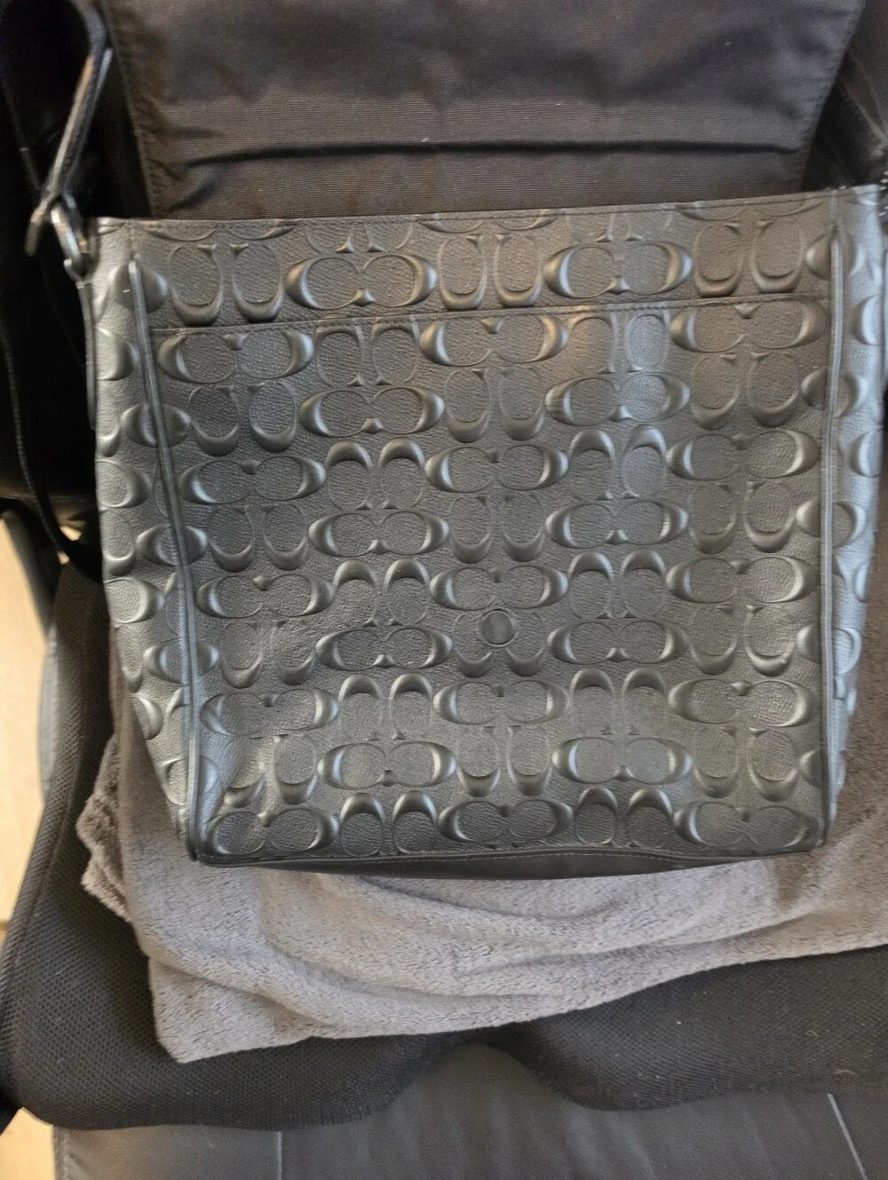 Coach Black Leather Embossed Signature Messenger Bag